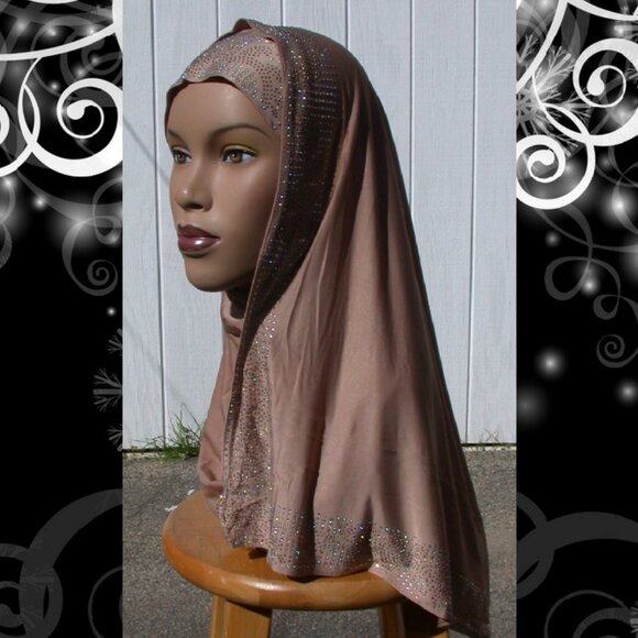 Tan Instant Mona Hijab One Piece Muslim Rhinestone Hijab - Picture 1 of 2